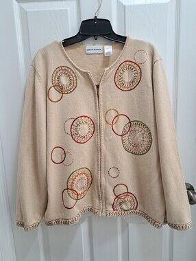 Alfred Dunner Beige Zip-Front Cardigan  Embroidered Size XL Cottagecore Vintage